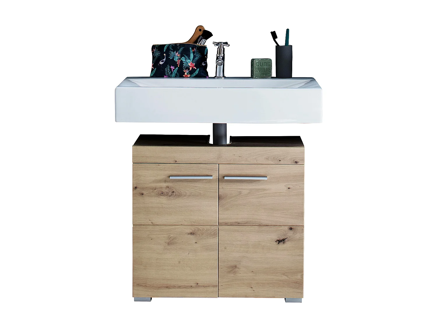 Ensemble meuble de salle de bain avec miroir 2 pièces laqué blanc chêne clair Kelia