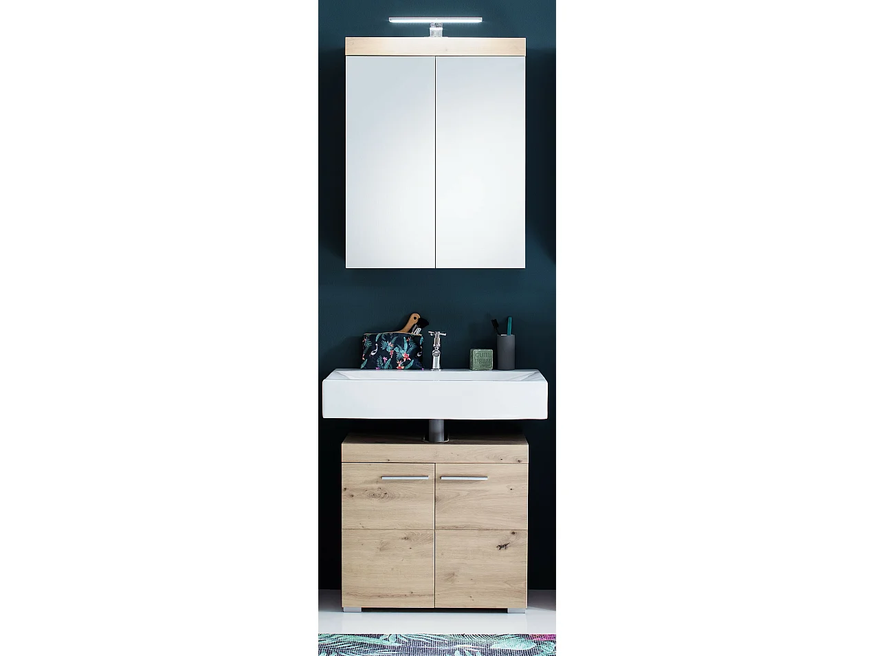 Ensemble meuble de salle de bain avec miroir 2 pièces laqué blanc chêne clair Kelia