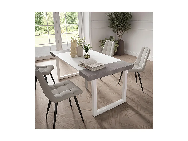 Ausziehbarertisch, 180x90x73cm, Für 8 Gäste, Massivholz Beine, Mattweiß und Zement