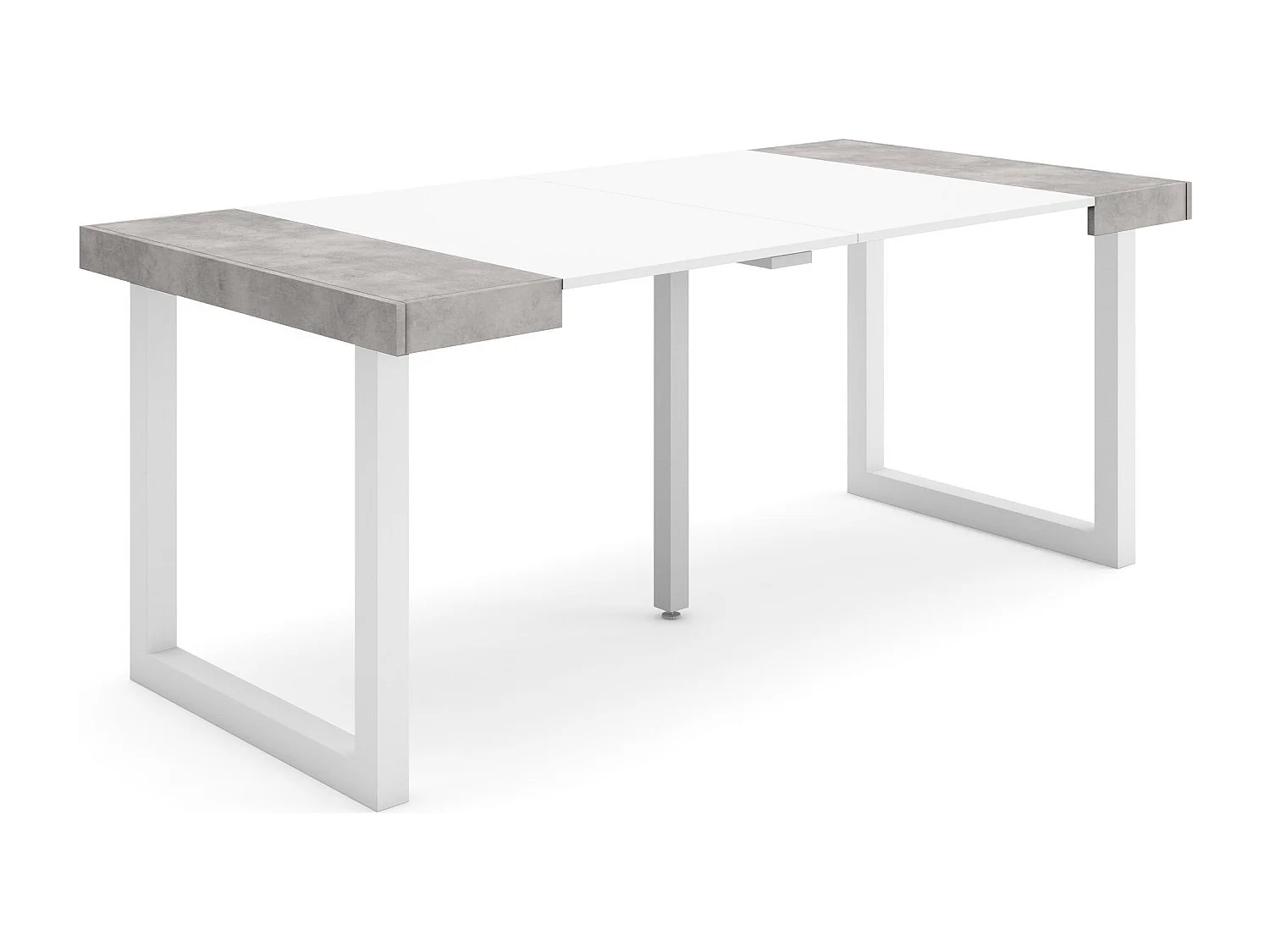 Ausziehbarertisch, 180x90x73cm, Für 8 Gäste, Massivholz Beine, Mattweiß und Zement