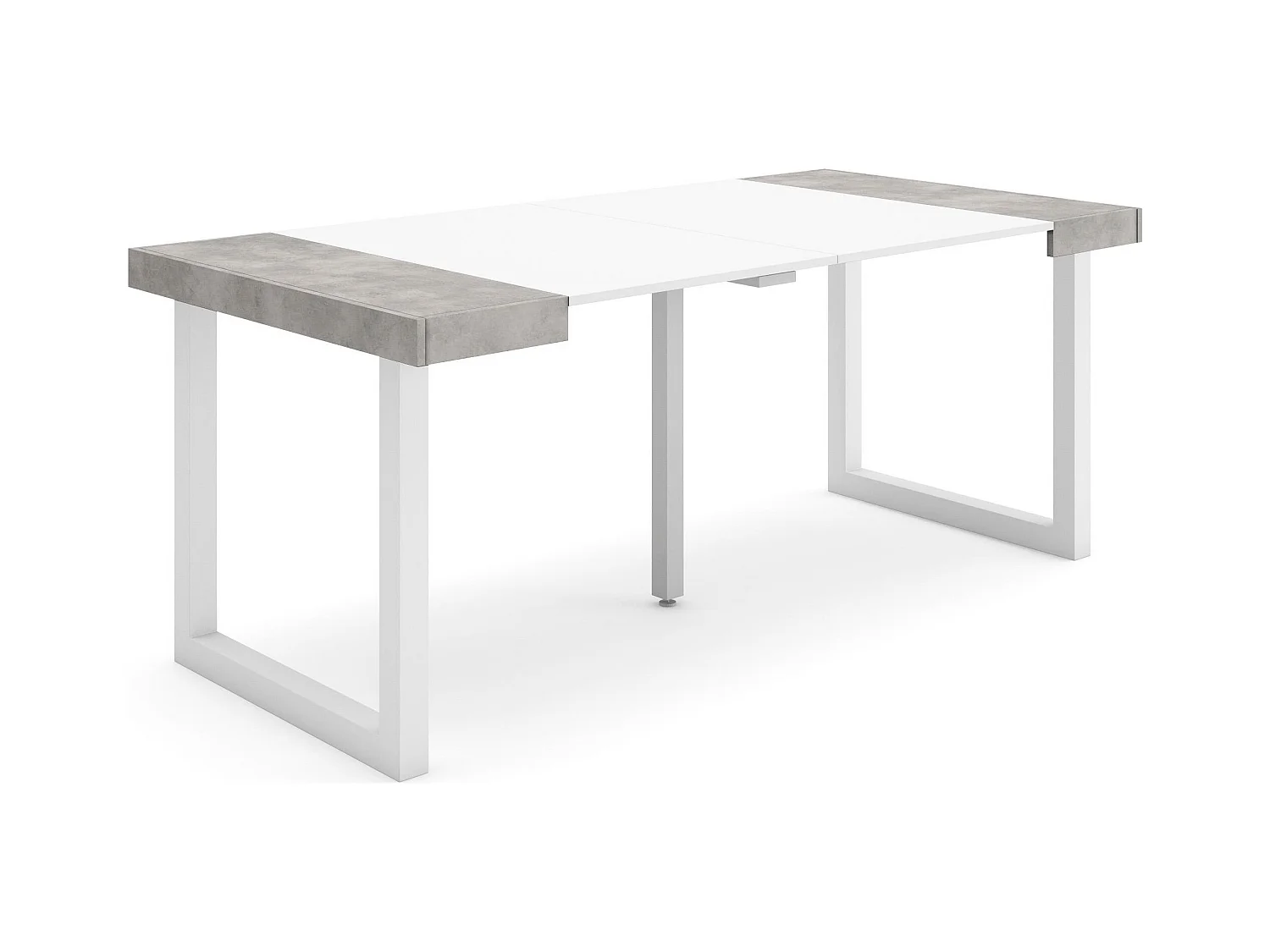 Table console extensible, 180x90x73cm, Pour 8 personnes, Pieds bois massif, Blanc et ciment