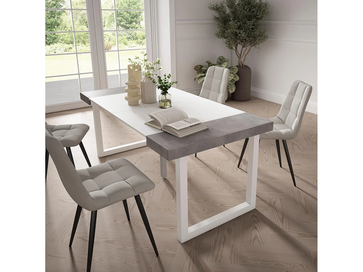 Consolle allungabile, 180x90x73cm, Per 8 persone, Gambe in legno, Bianco e cemento