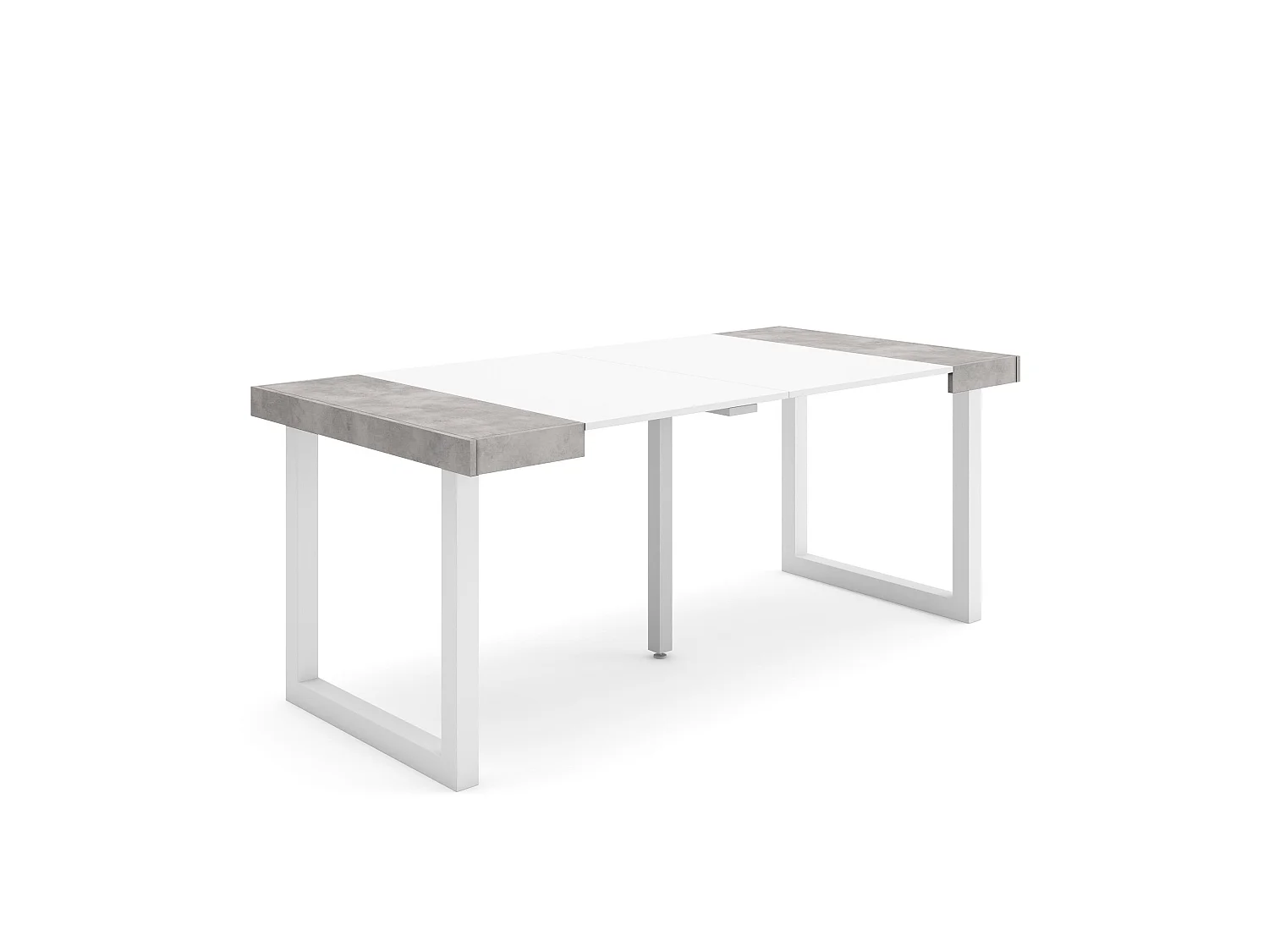 Table console extensible, 180x90x73cm, Pour 8 personnes, Pieds bois massif, Blanc et ciment