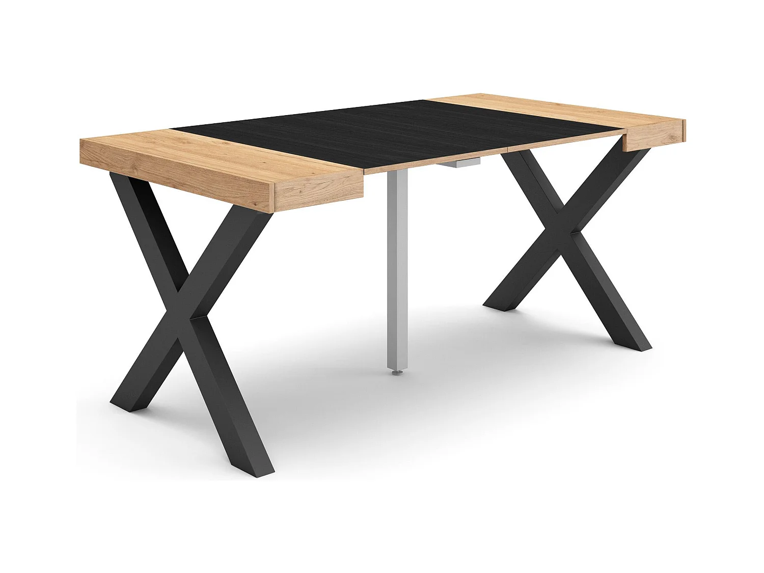 Table console extensible, 160x90x73cm, Pour 8 personnes, Pieds bois massif, Chêne et noir