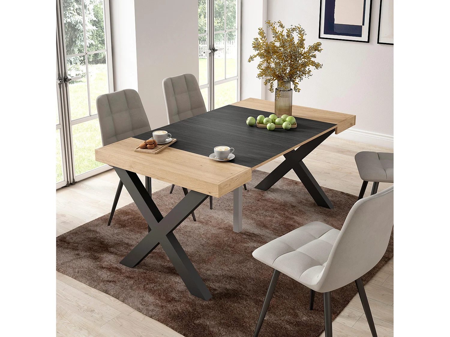 Table console extensible, 160x90x73cm, Pour 8 personnes, Pieds bois massif, Chêne et noir