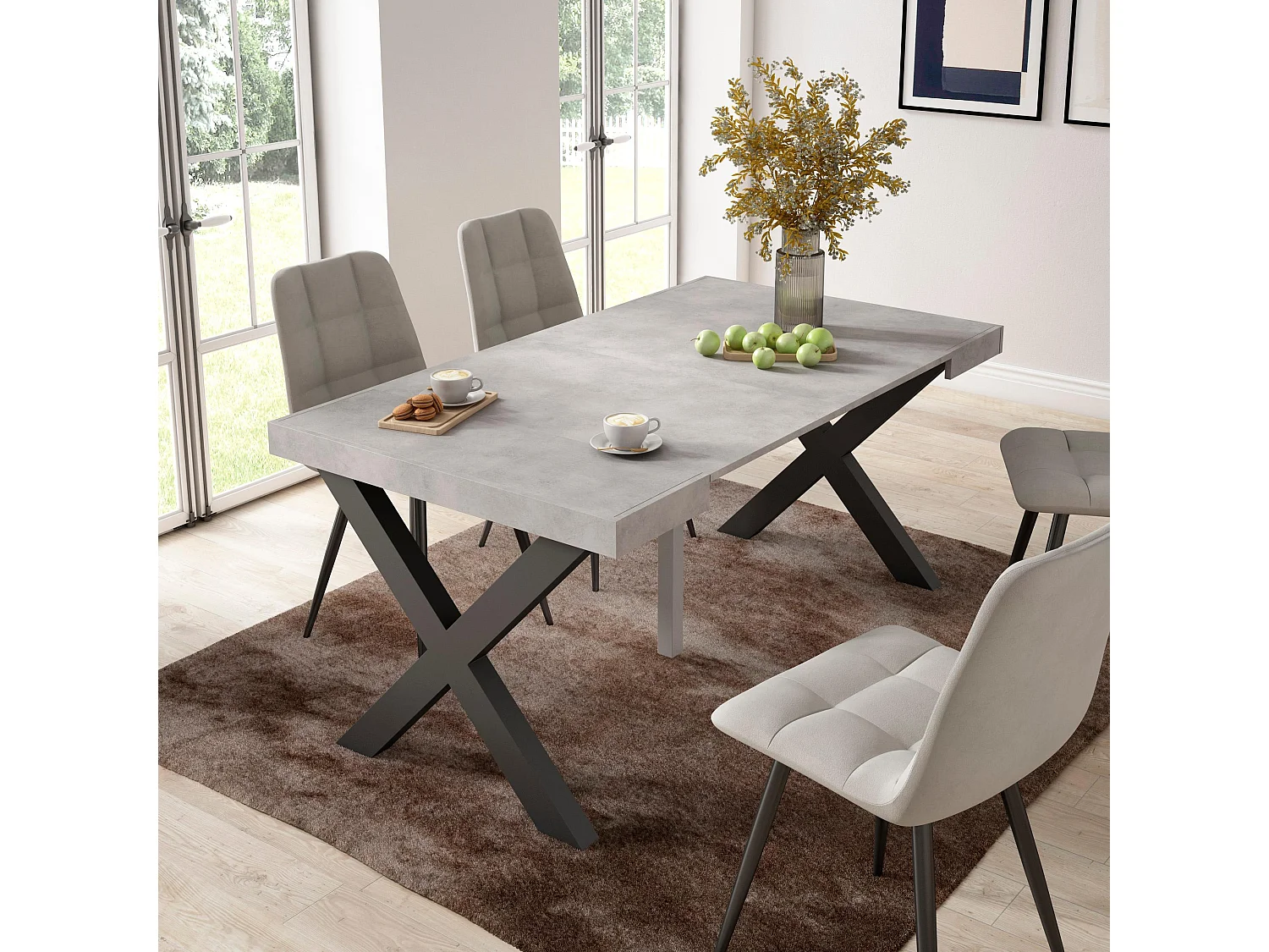 Mesa Consola extensible, 160x90x73cm, Para 8 comensales, Patas madera maciza, Cemento