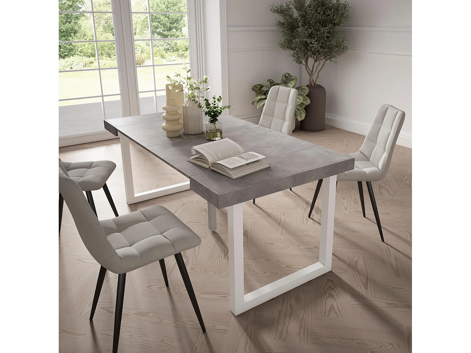 Mesa Consola Extensível, 180x90x73cm, Para 8 pessoas, Pés de madeira, Cimento