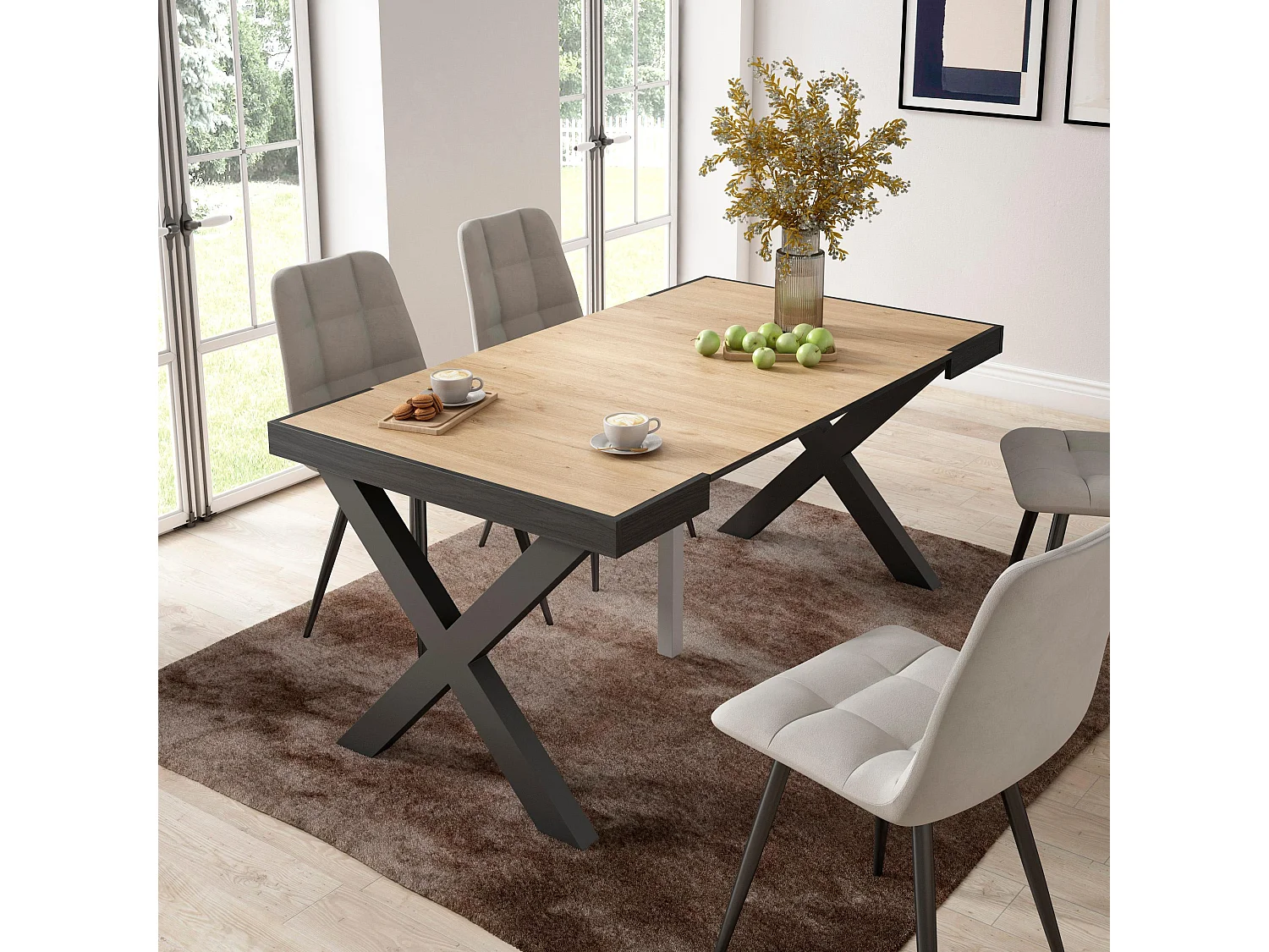 Table console extensible, 160x90x73cm, Pour 8 personnes, Pieds bois massif, Chêne