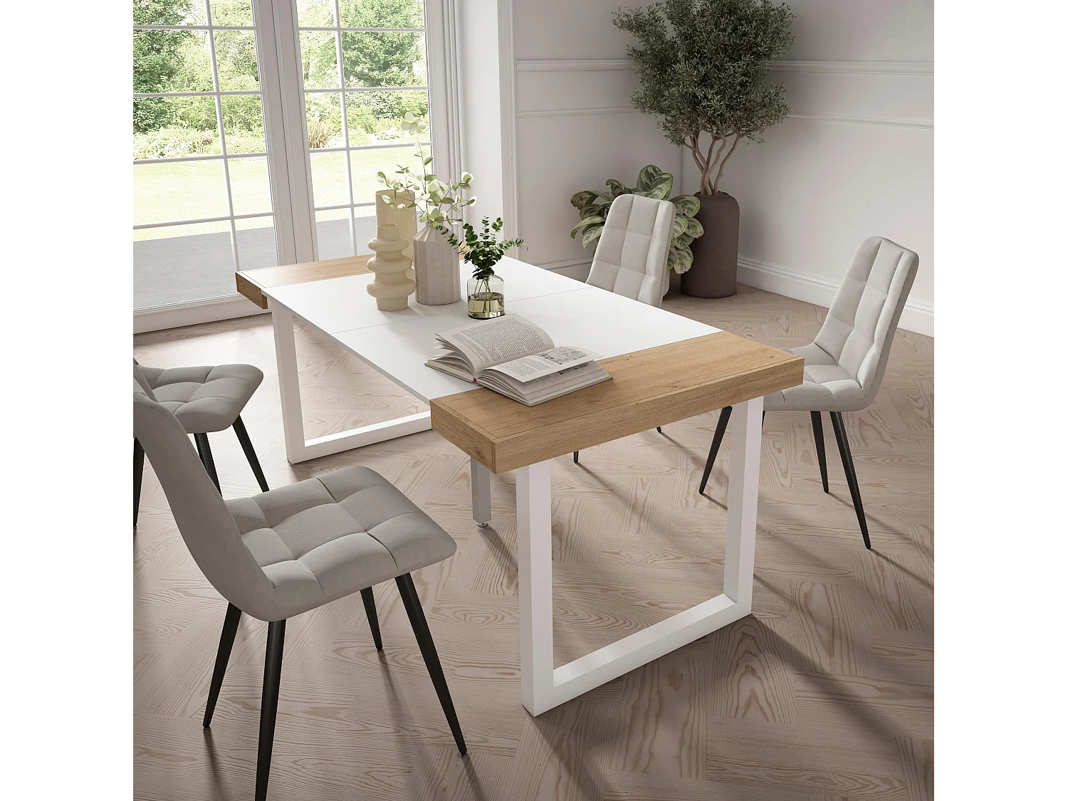 Mesa Consola Extensível, 180x90x73cm, Para 8 pessoas, Pés de madeira, Carvahlo e branco