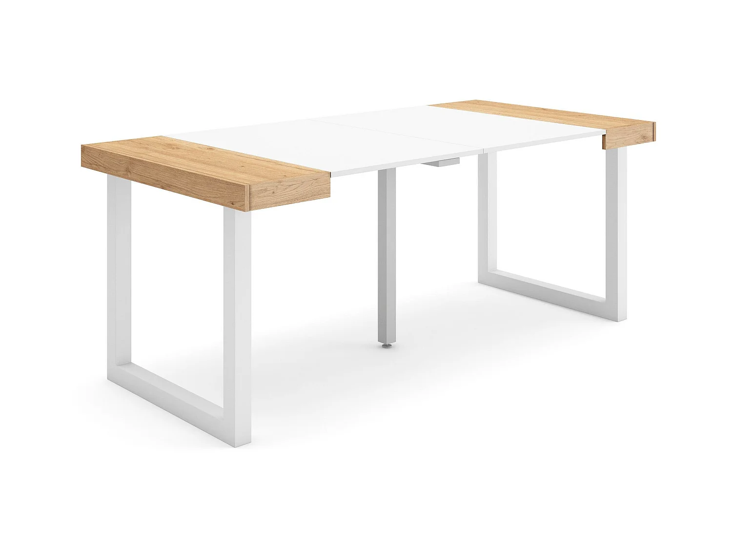 Table console extensible, 180x90x73cm, Pour 8 personnes, Pieds bois massif, Chêne et blanc