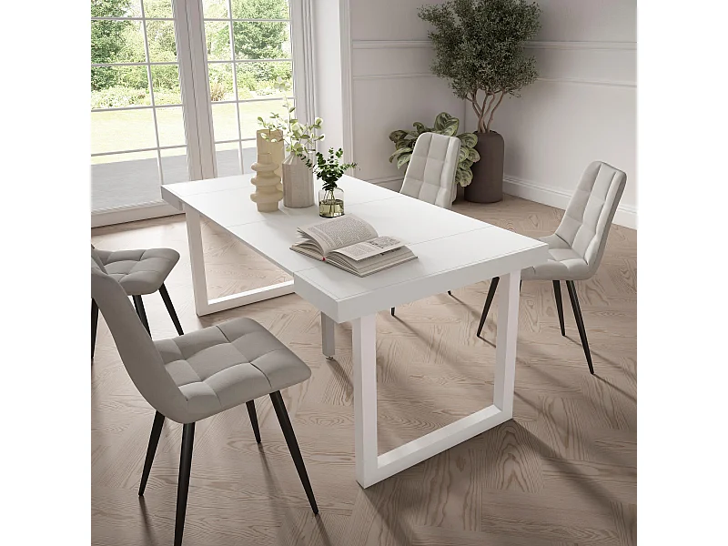 Ausziehbarertisch, 180x90x73cm, Für 8 Gäste, Massivholz Beine, Weiß