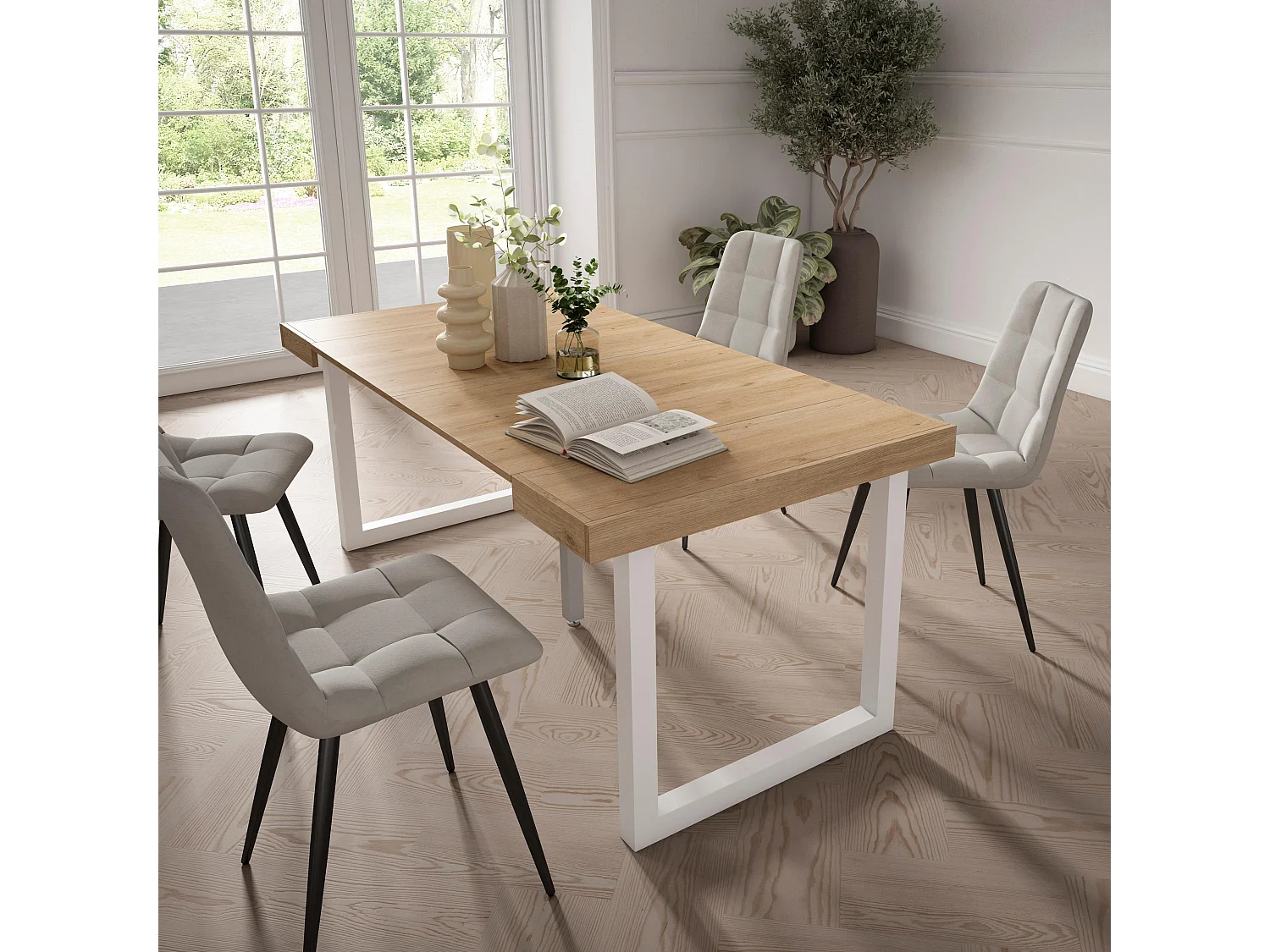 Table console extensible, 180x90x73cm, Pour 8 personnes, Pieds bois massif, Chêne