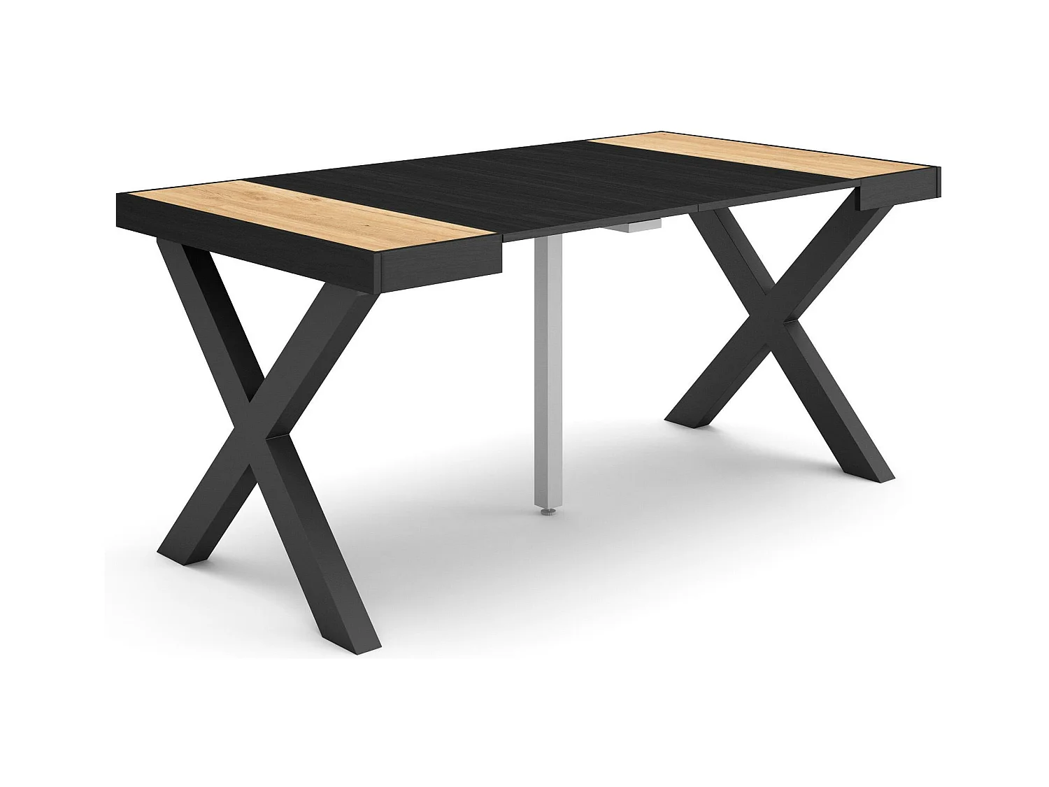Table console extensible, 160x90x73cm, Pour 8 personnes, Pieds bois massif, Chêne et noir