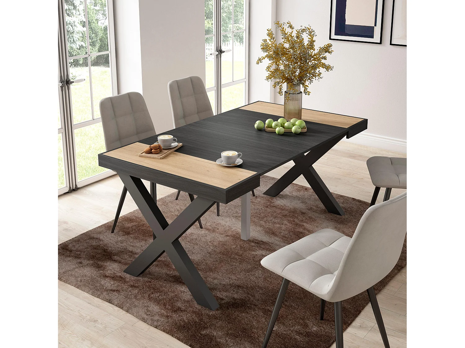 Table console extensible, 160x90x73cm, Pour 8 personnes, Pieds bois massif, Chêne et noir