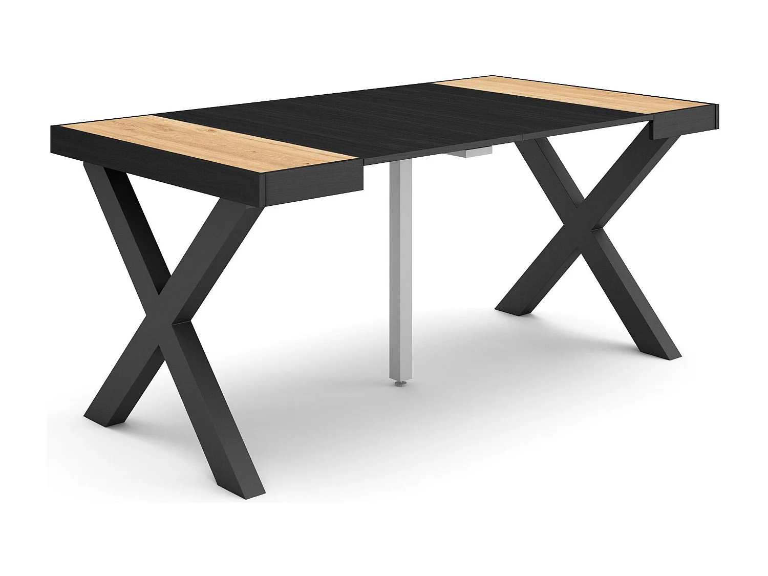 Table console extensible, 160x90x73cm, Pour 8 personnes, Pieds bois massif, Chêne et noir