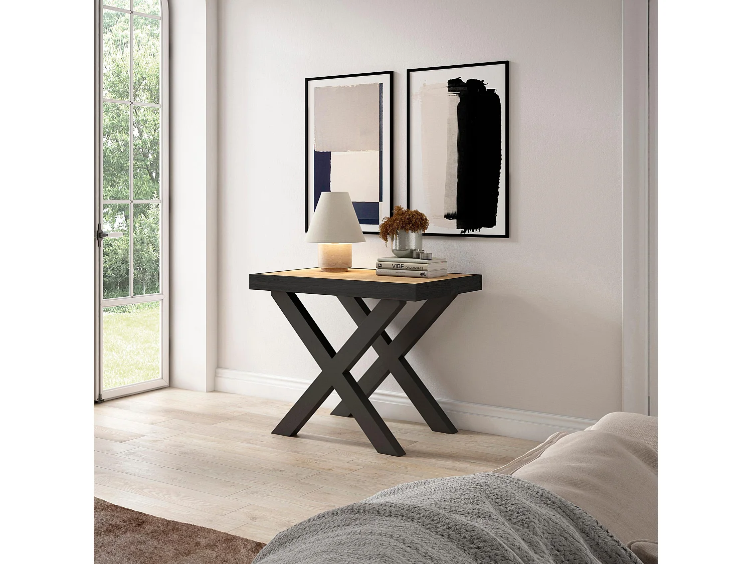 Uitschuifbare Consoletafel, 160x90x73cm, Voor 8 personen, Massief houten poten, Eiken/Zwart