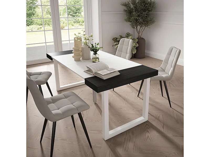 Mesa Consola Extensível, 180x90x73cm, Para 8 pessoas, Pés de madeira, Branco e preto
