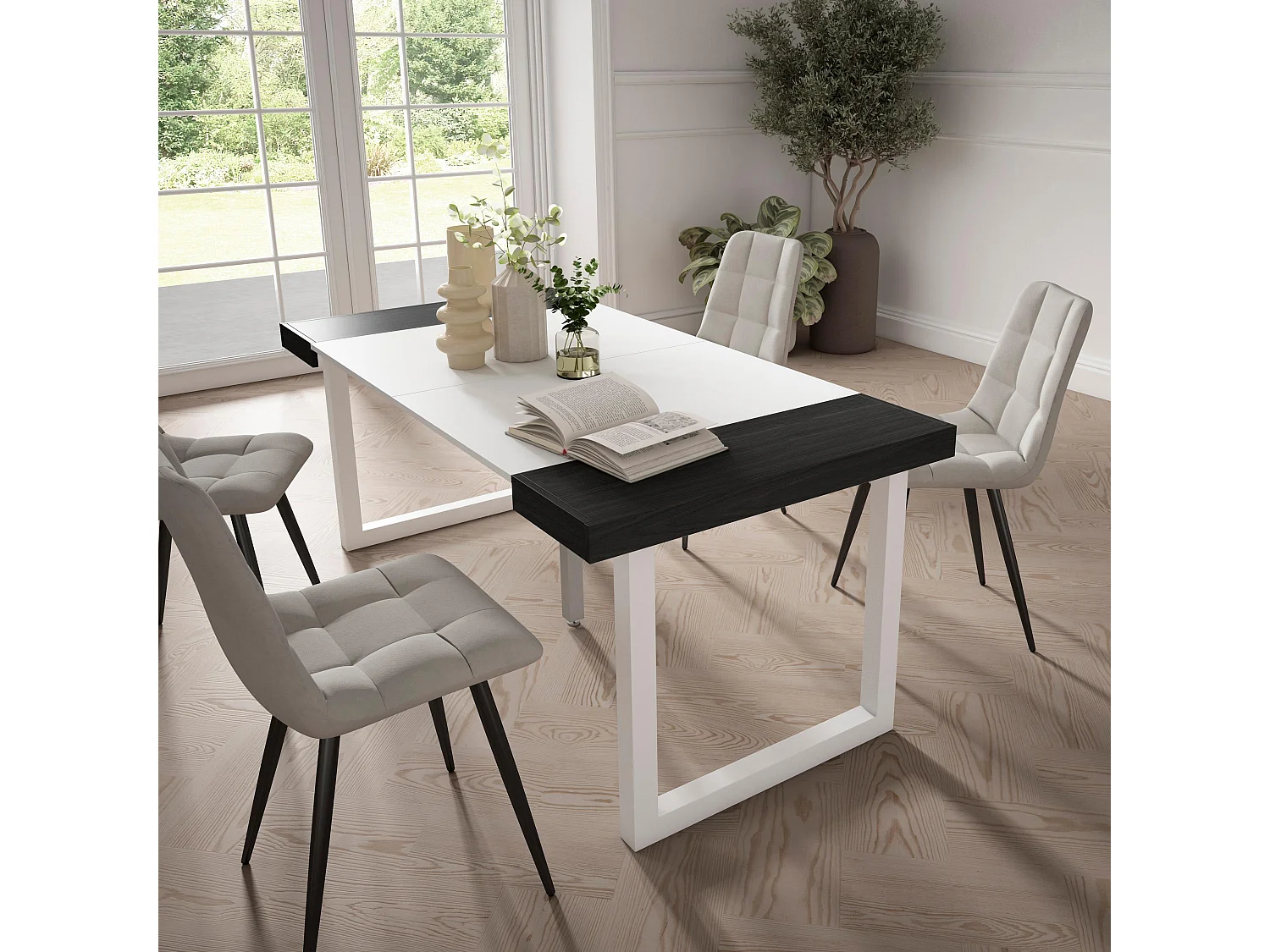 Mesa Consola Extensível, 180x90x73cm, Para 8 pessoas, Pés de madeira, Branco e preto