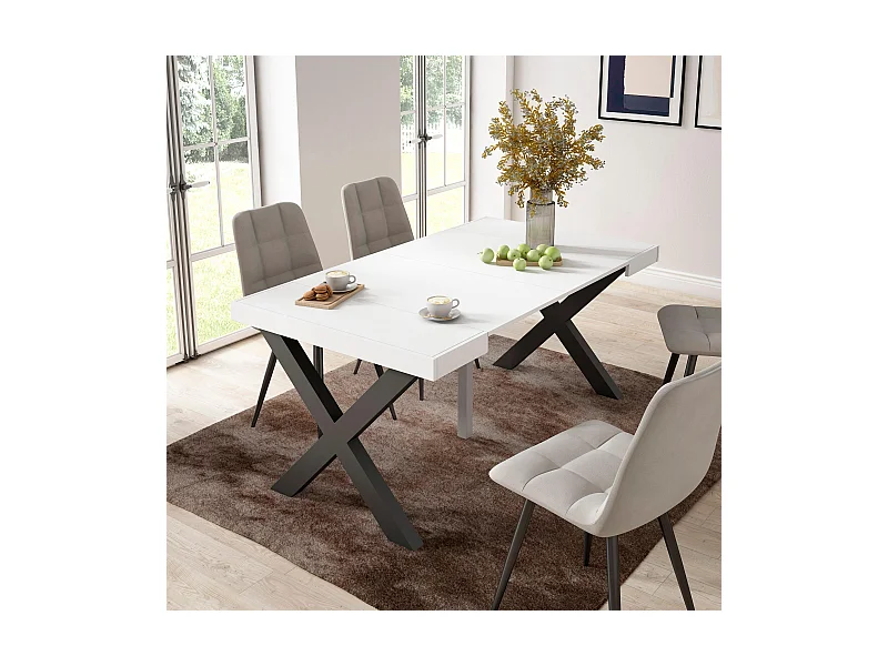 Table console extensible, 160x90x73cm, Pour 8 personnes, Pieds bois massif, Blanc