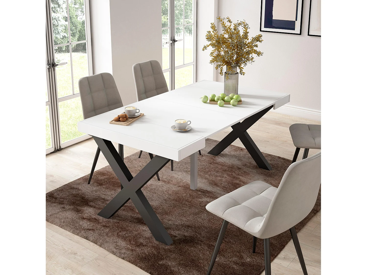 Ausziehbarertisch, 160x90x73cm, Für 8 Gäste, Massivholz Beine, Weiß