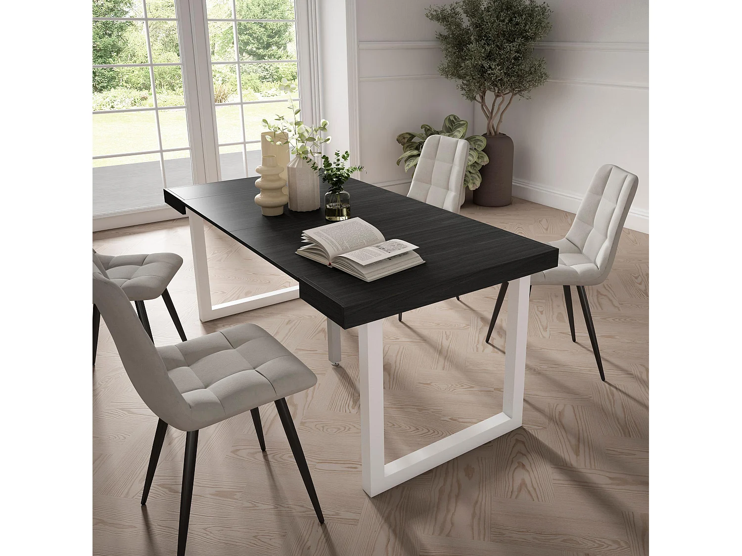 Uitschuifbare Consoletafel, 180x90x73cm, Voor 8 personen, Massief houten poten, Zwart