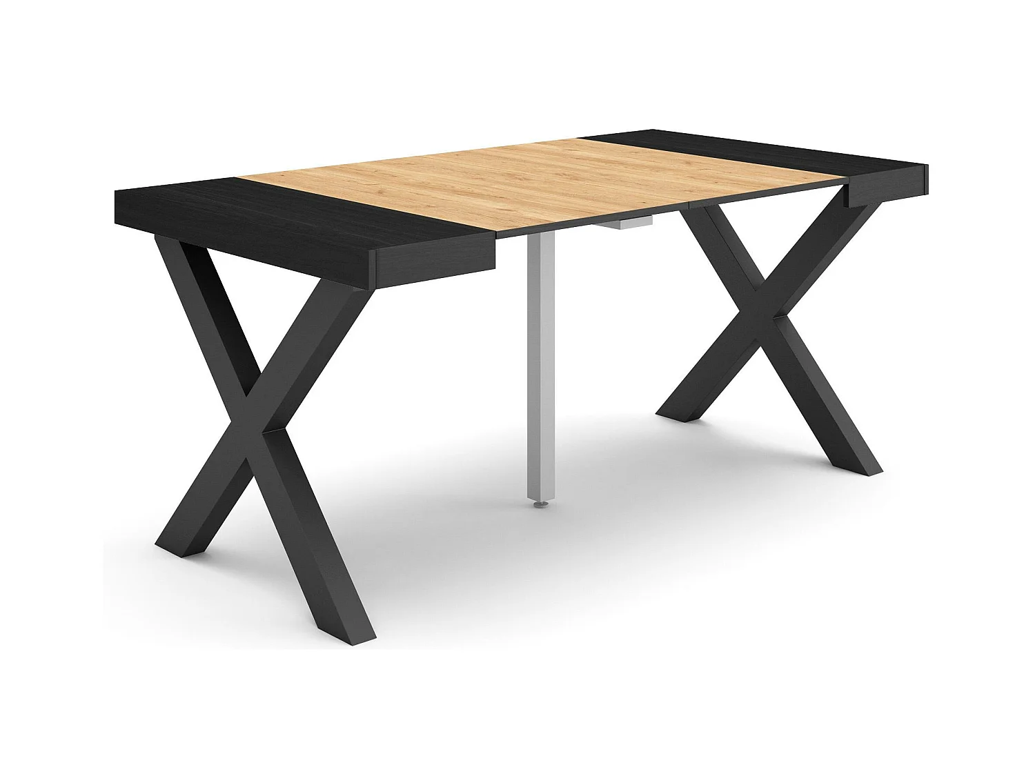 Table console extensible, 160x90x73cm, Pour 8 personnes, Pieds bois massif, Noir et chêne