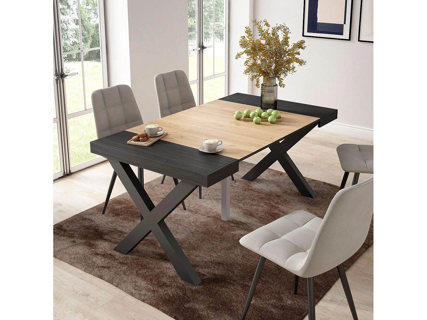 Table console extensible, 160x90x73cm, Pour 8 personnes, Pieds bois massif, Noir et chêne