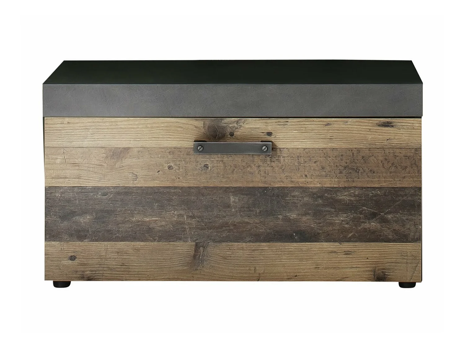 Meuble chambre. Banc de rangement en mélaminé coloris bois effet vieilli avec finition gris ciment . L - H - P : 80 - 45 - 37 cm.