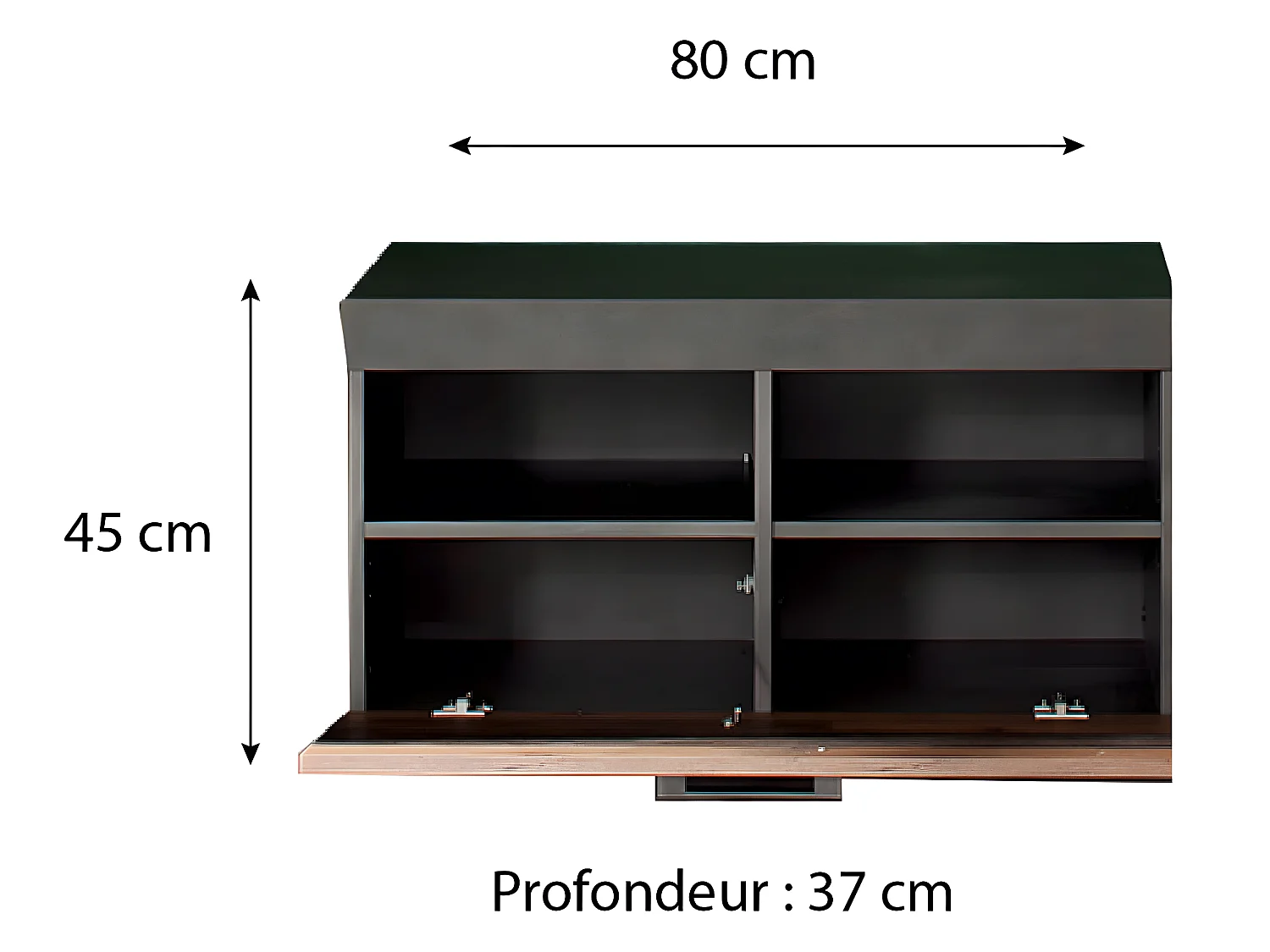 Meuble chambre. Banc de rangement en mélaminé coloris bois effet vieilli avec finition gris ciment . L - H - P : 80 - 45 - 37 cm.