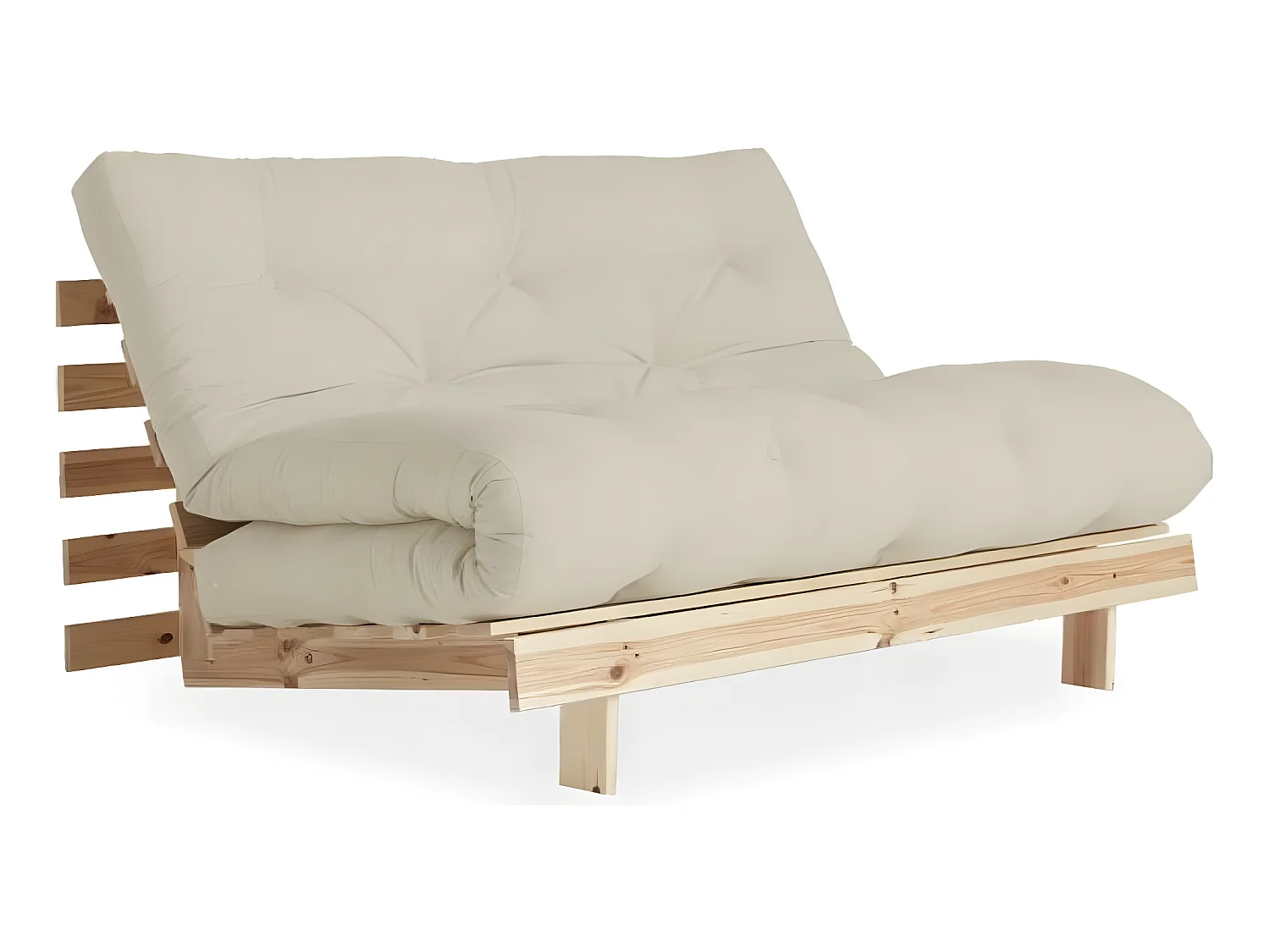 Canapé convertible futon ROOTS pin naturel tissu beige couchage 160x200 cm
