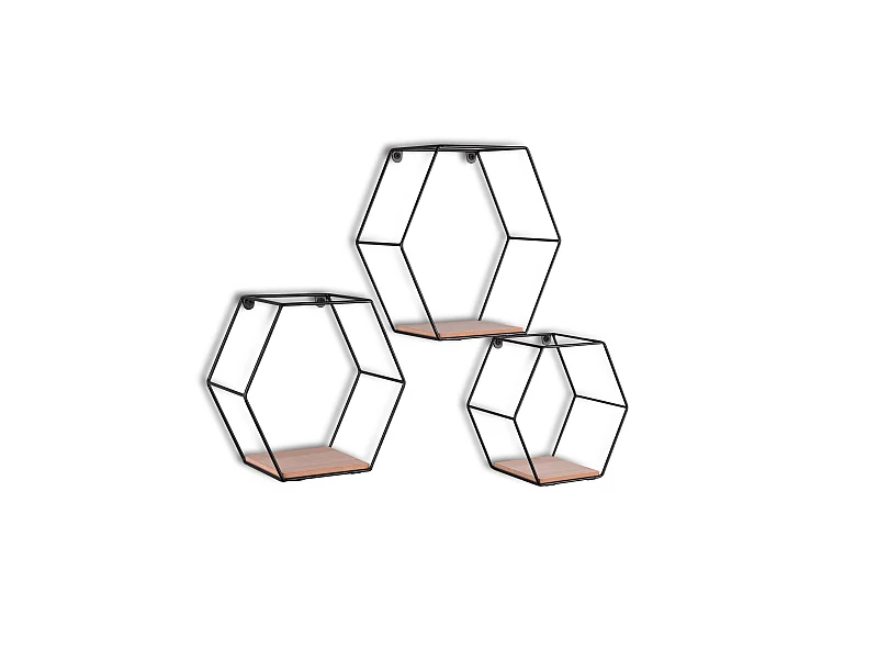 Chiara - Set de 3 étagères murales - Naturel/Noir - 25x22cm et 22x19cm et 19x17cm