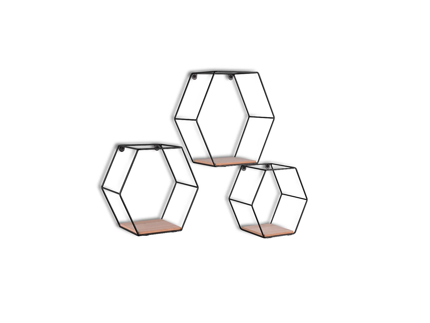 Chiara - Set de 3 étagères murales - Naturel/Noir - 25x22cm et 22x19cm et 19x17cm