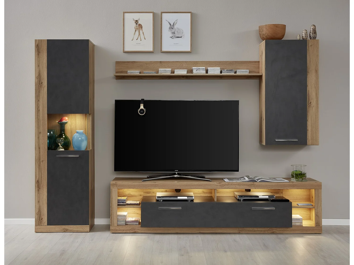 Meuble suspendu chêne Wotan et gris Roska