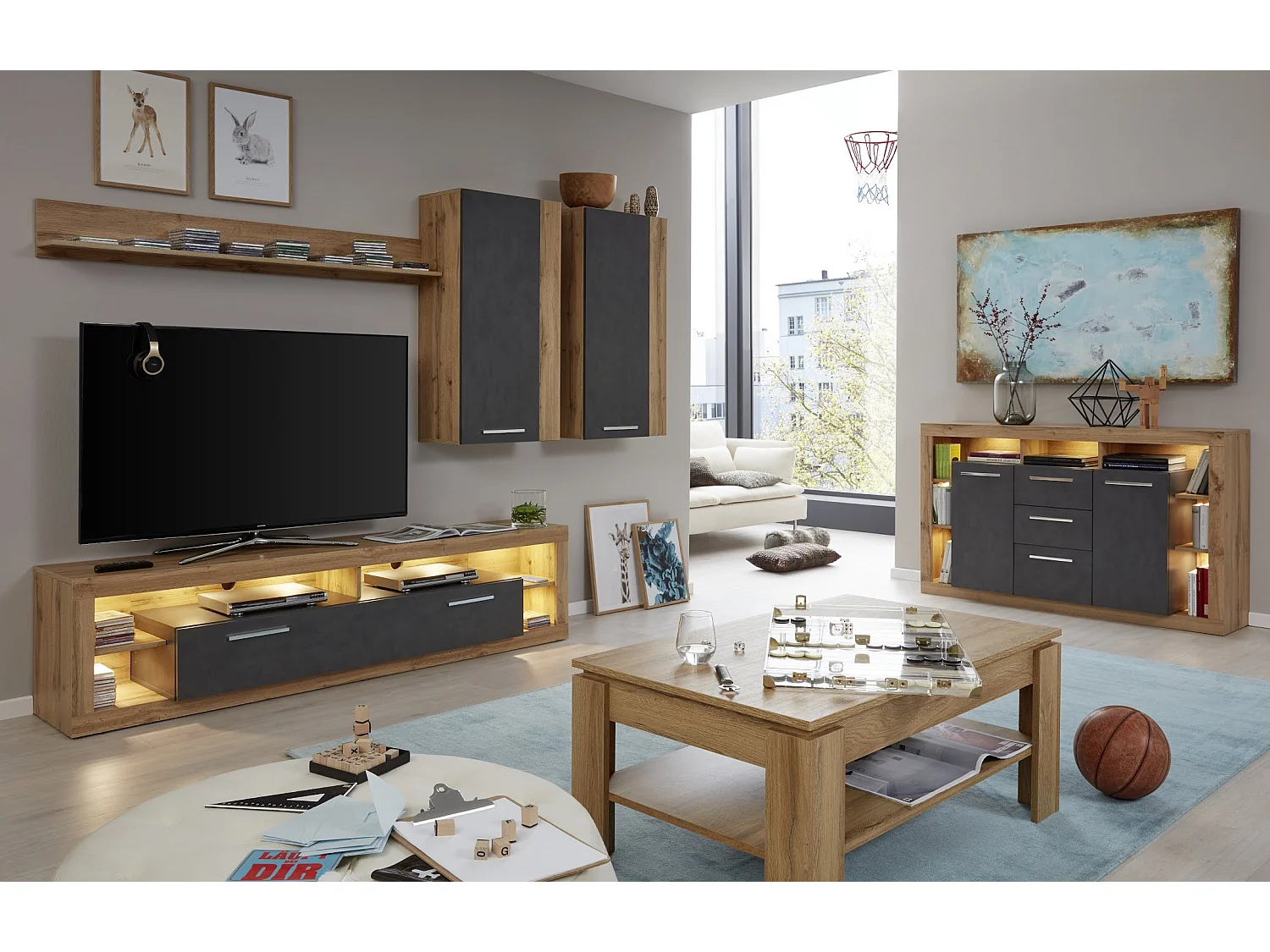 Meuble suspendu chêne Wotan et gris Roska