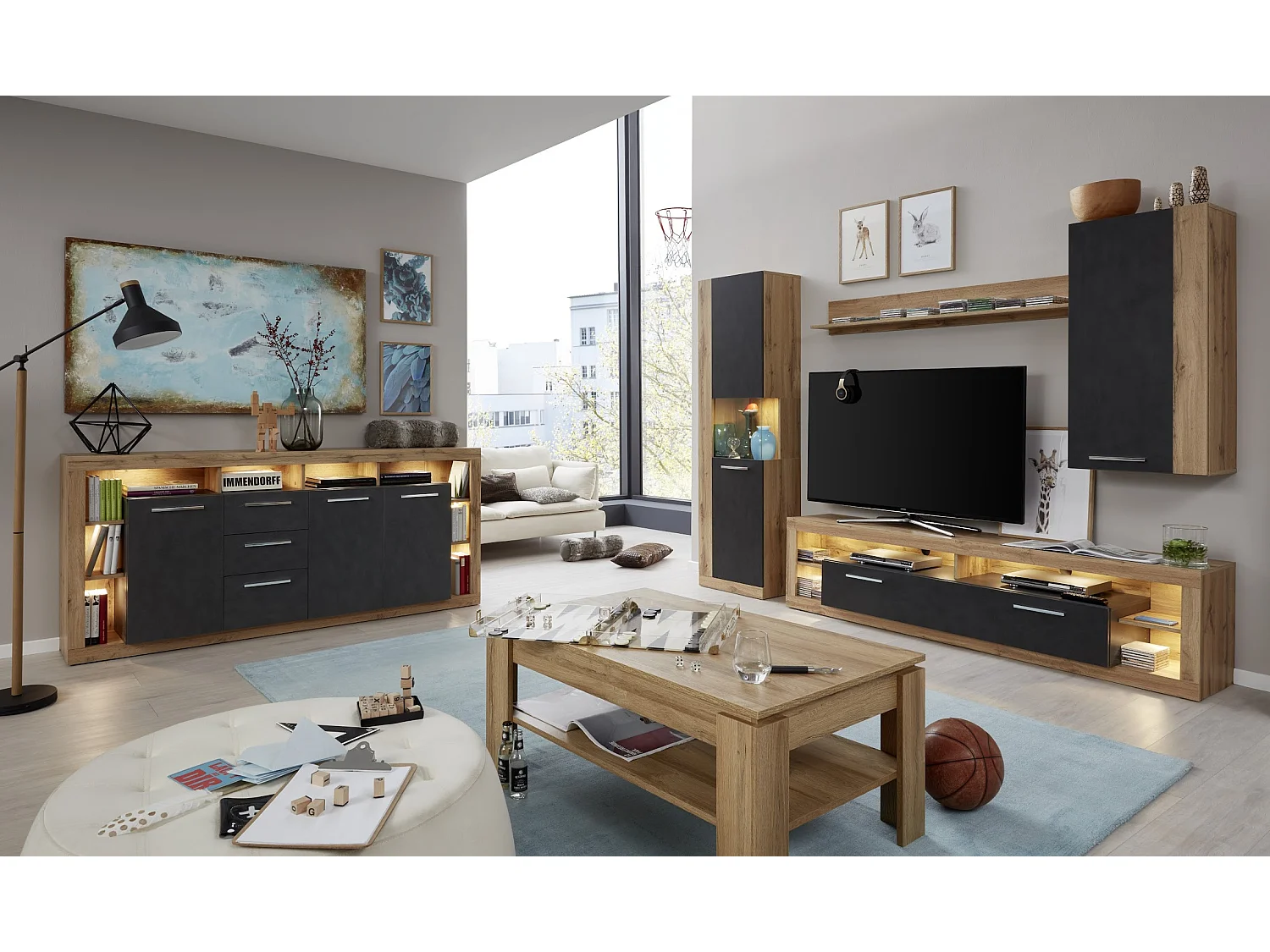 Meuble suspendu chêne Wotan et gris Roska