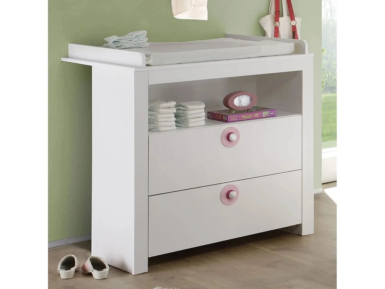 Commode bébé 2 tiroirs avec plan à langer mélaminé blanc Kenan