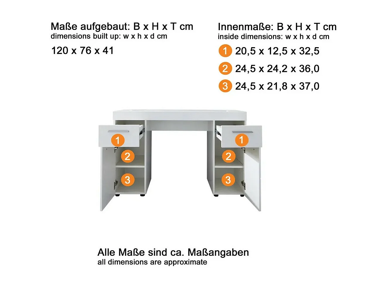Ellia wit gelakt bureau met 2 deuren en 2 lades