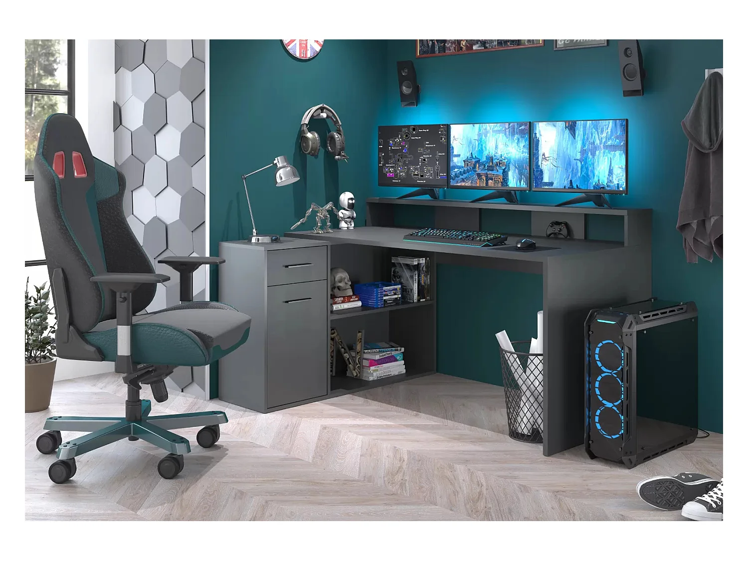 Bureau 1 porte 1 tiroir mélaminé gris mat Gamer