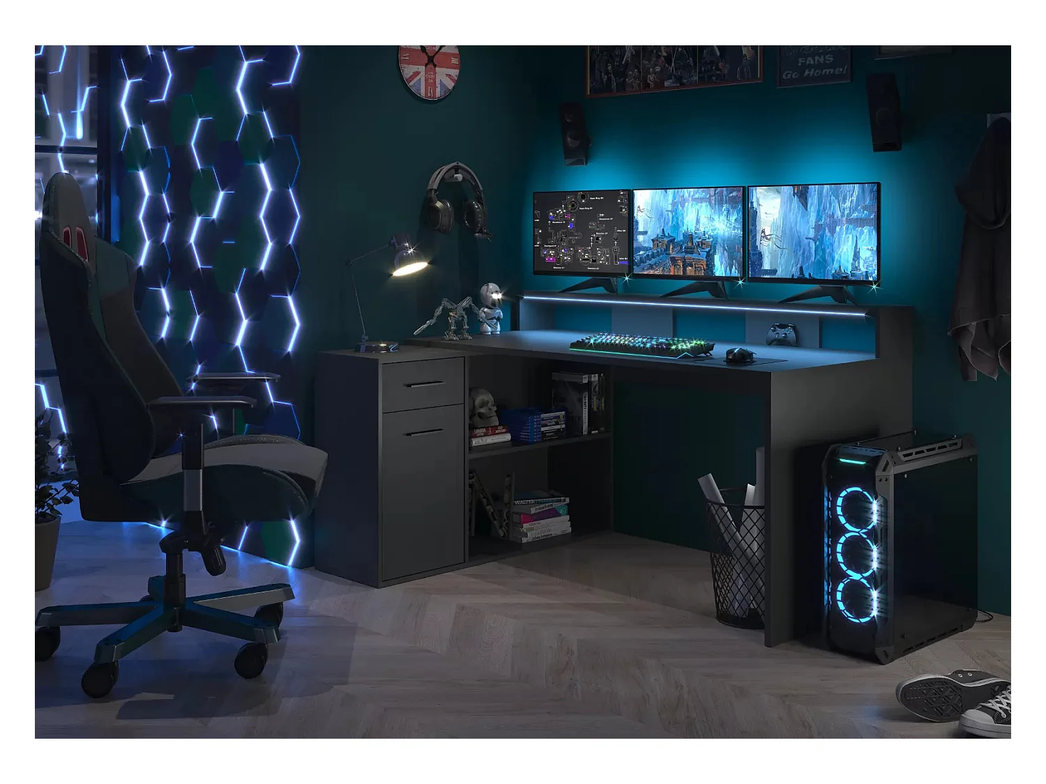 Bureau 1 porte 1 tiroir mélaminé gris mat Gamer