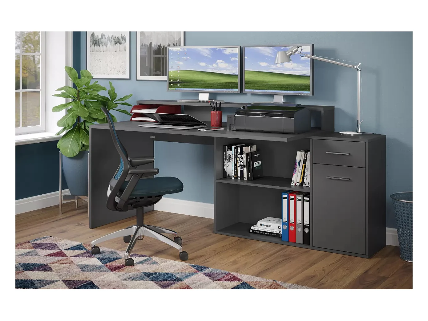 Bureau 1 porte 1 tiroir mélaminé gris mat Gamer