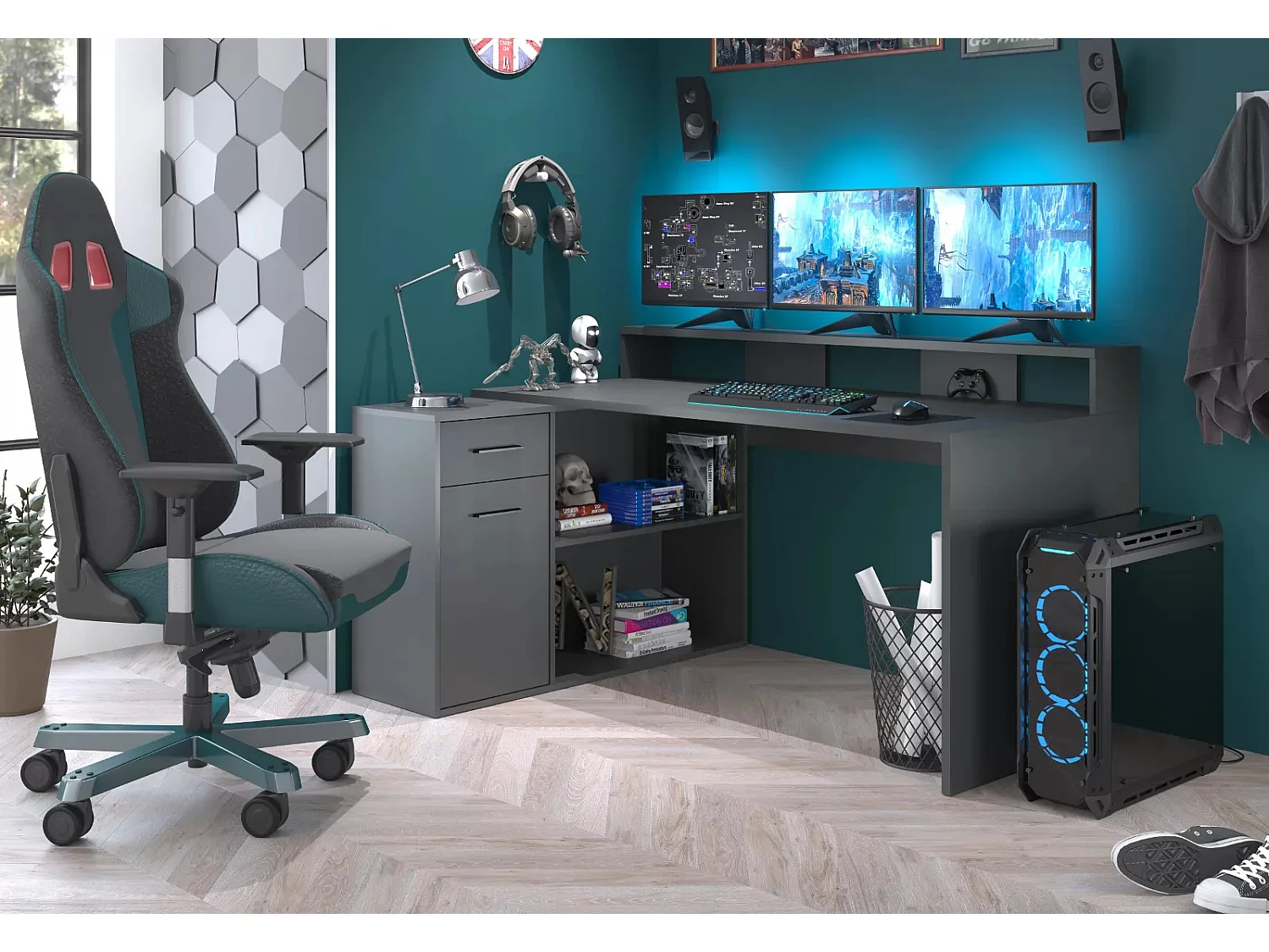 Bureau 1 porte 1 tiroir mélaminé gris mat Gamer