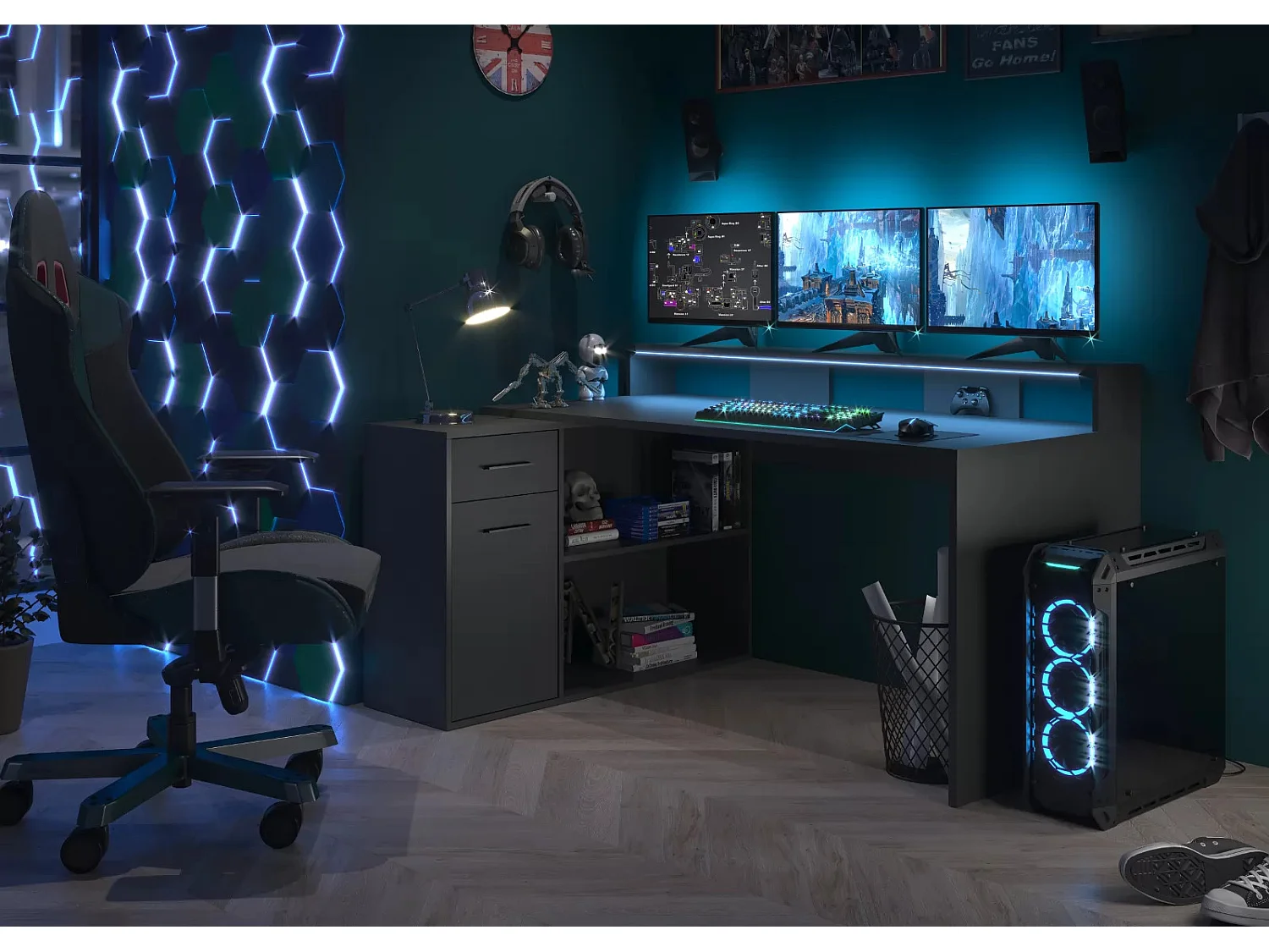 Bureau 1 porte 1 tiroir mélaminé gris mat Gamer