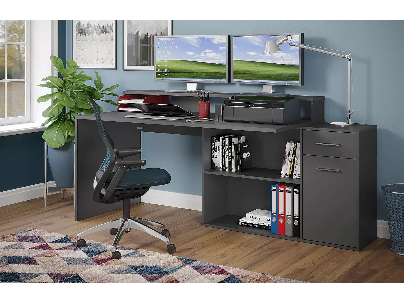 Bureau 1 porte 1 tiroir mélaminé gris mat Gamer