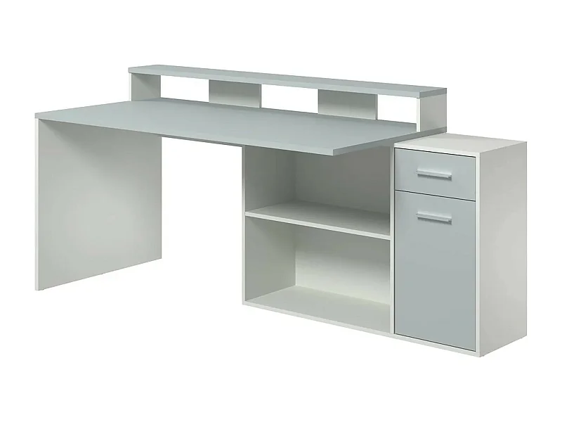 Bureau 1 porte 1 tiroir mélaminé blanc et gris Gamer