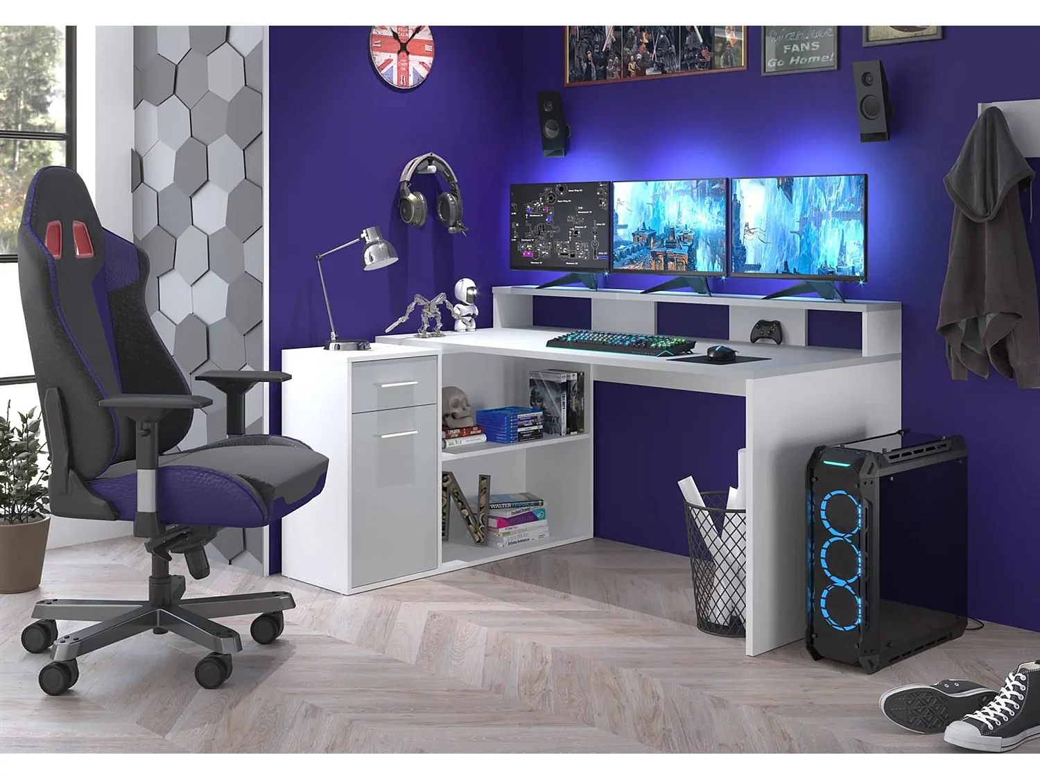 Bureau 1 porte 1 tiroir mélaminé blanc et gris Gamer