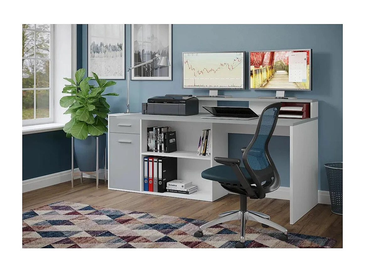 Bureau 1 porte 1 tiroir mélaminé blanc et gris Gamer