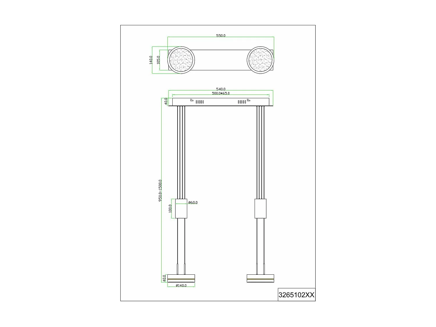 Franklin - Suspension d'intérieur 2 LED - Coloris Anthracite - Hauteur max 1500 mm - Largeur 550 mm