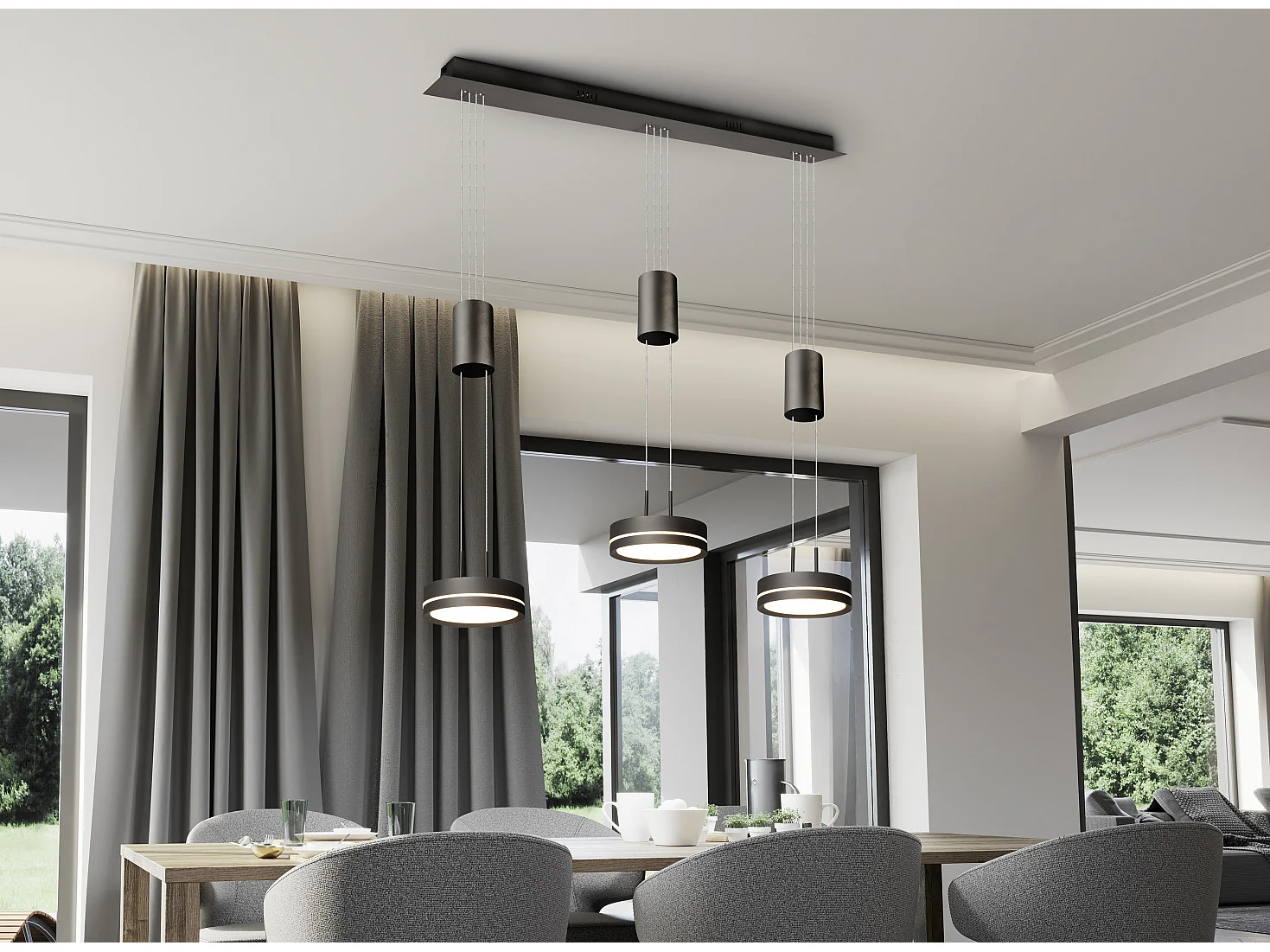 Lampada a sospensione LED 3 luci, alluminio, antracite, 85x150x14 cm, Franklin