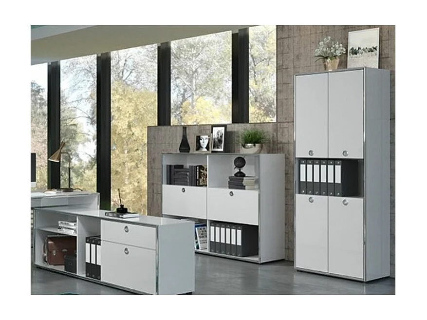 Infinity Büroschrank 4 Türen, 1 offenes Fach hellgrau Hochglanz, Chrom.