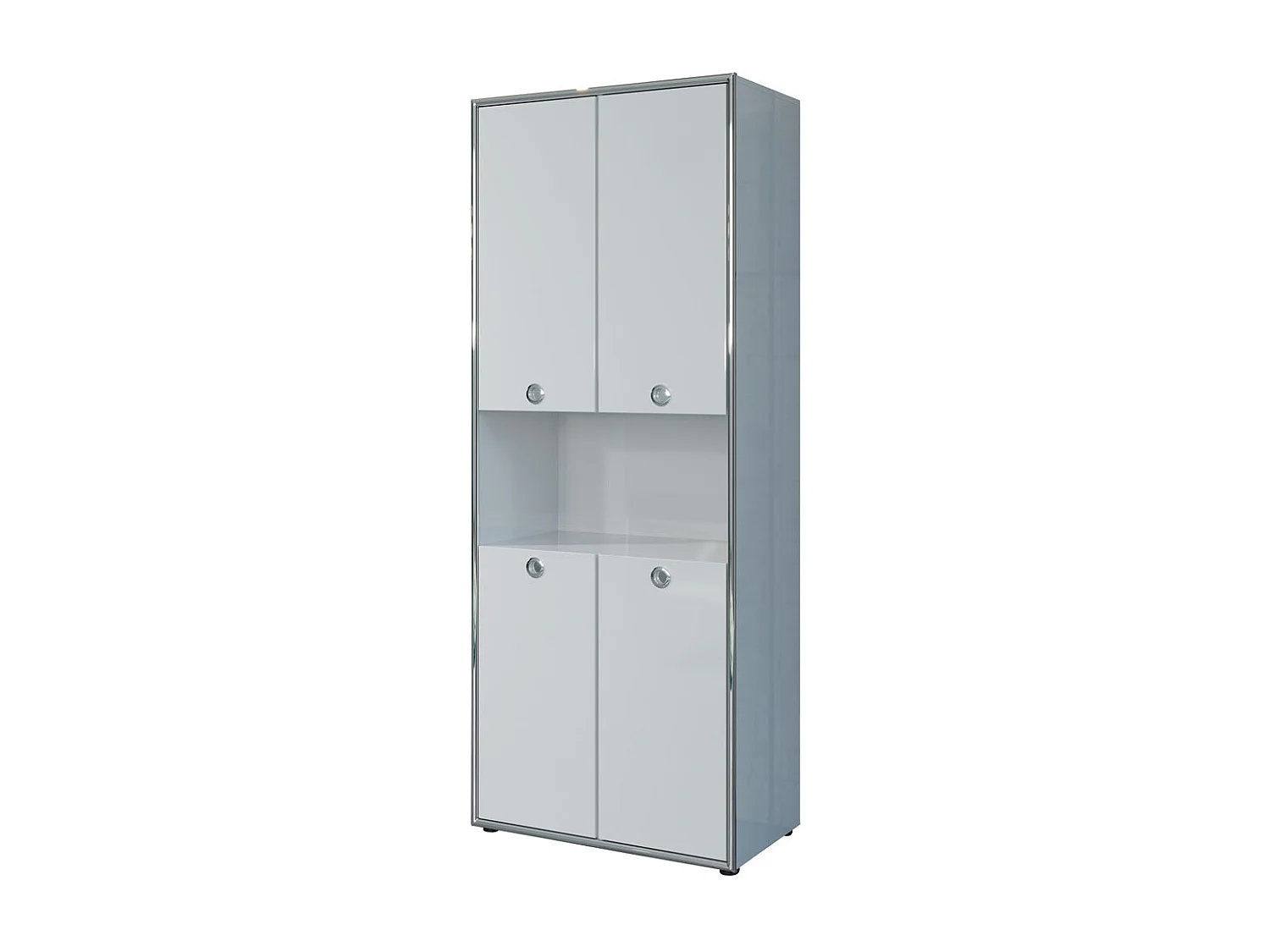 Infinity Büroschrank 4 Türen, 1 offenes Fach hellgrau Hochglanz, Chrom.